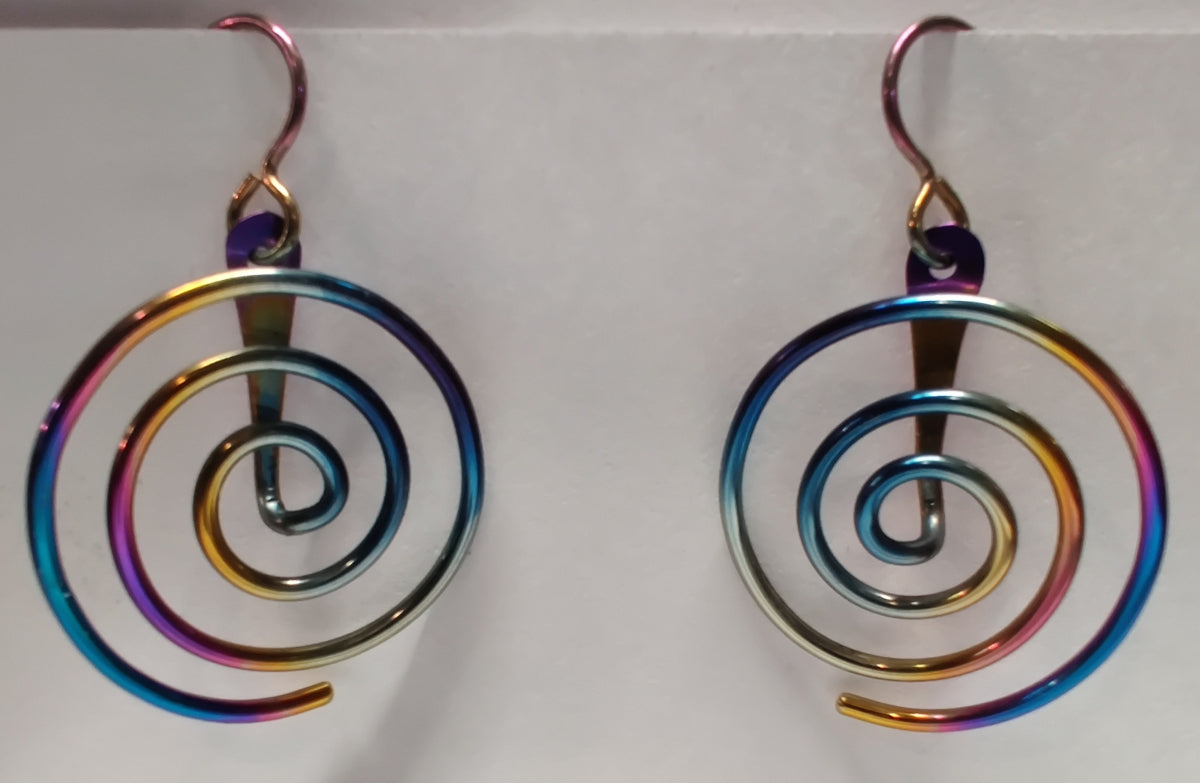 Spiral Niobium Earrings - Faraday Coil Style In Rainbow Finish