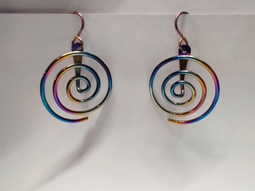 Spiral Niobium Earrings - Faraday Coil Style In Rainbow Finish