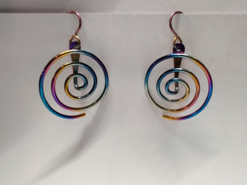 Spiral Niobium Earrings - Faraday Coil Style In Rainbow Finish