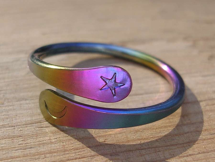 Niobium Moon Star Rainbow Ring Hand Forged