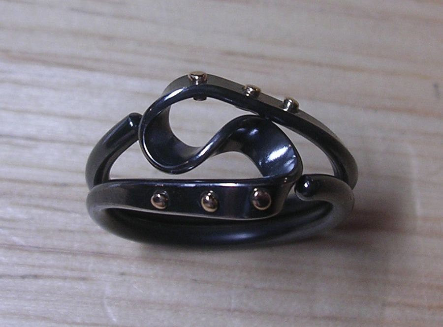 Blackened Niobium Steampunk Vortex Energy Ring™ with 14k Gold Rivets