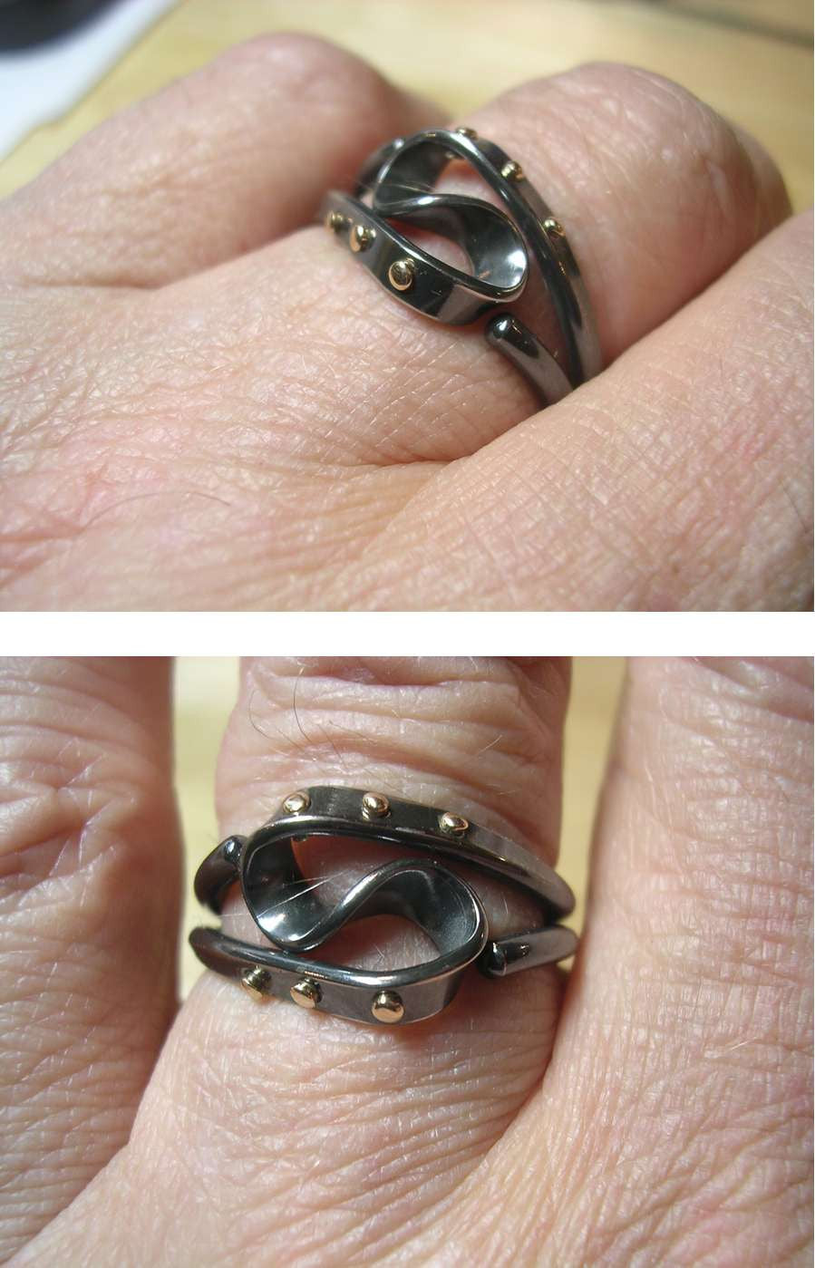 Blackened Niobium Steampunk Vortex Energy Ring™ with 14k Gold Rivets