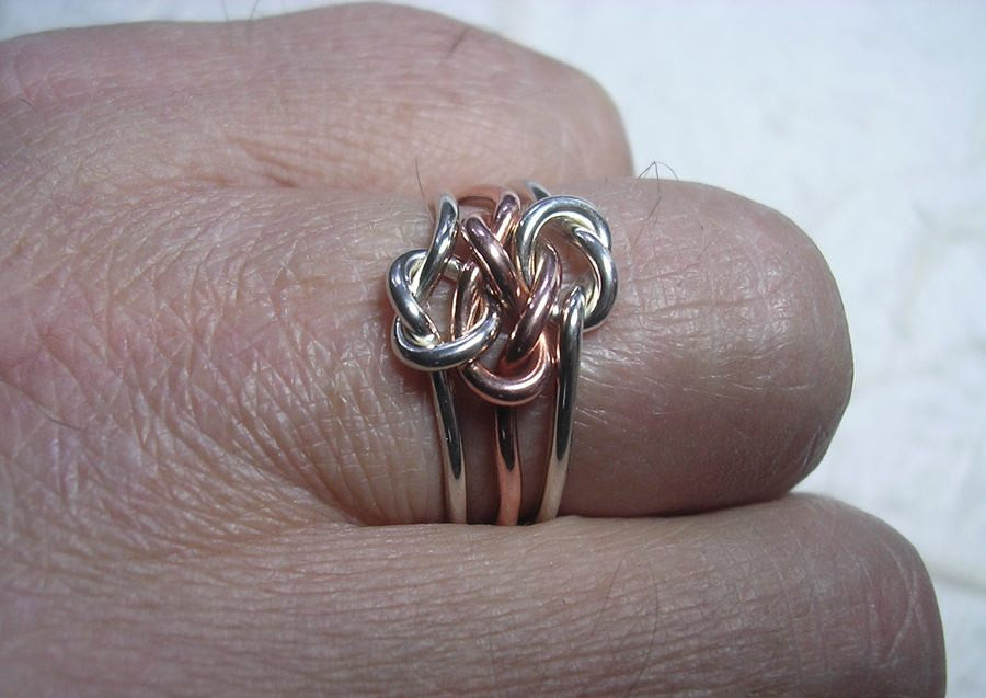 Triple Love Knot Ring in 14k Yellow, Rose and Palladium White Gold