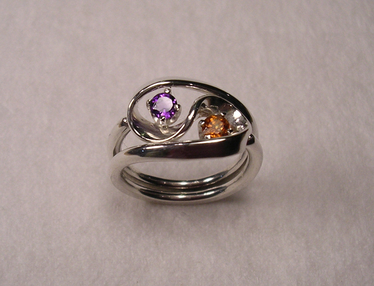 Violet Amethyst and Mandarine Garnet Set in The Two Turn Vortex Energy Rings ™ ©