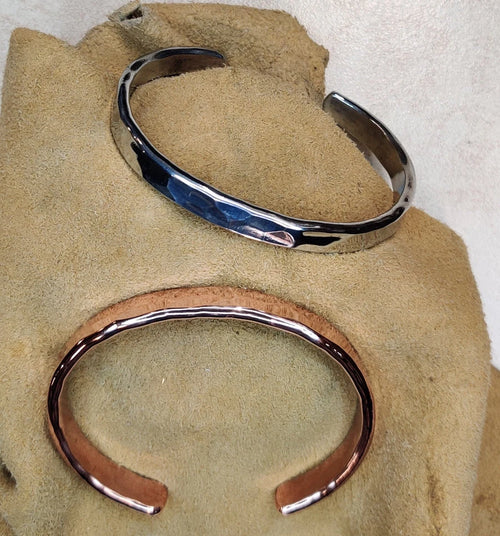 Zinc And Copper Cuff Bracelet Set With Hammered Texture