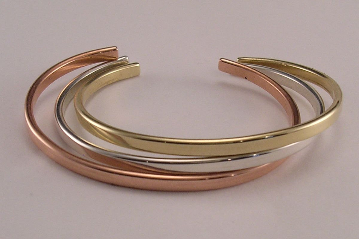 Pure Copper Sterling Silver and Solid 14K Yellow Gold  Bracelet Set